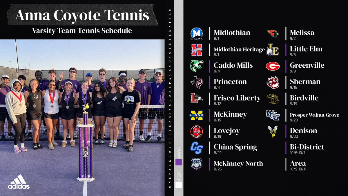 AnnaHSTennis's tweet photo. 2025 Varsity Coyote Tennis Schedule!

Matches are free of charge and more exciting than ever. Come support us as we begin our push for playoffs and #CU this Fall! https://t.co/VPmHIrkeHS