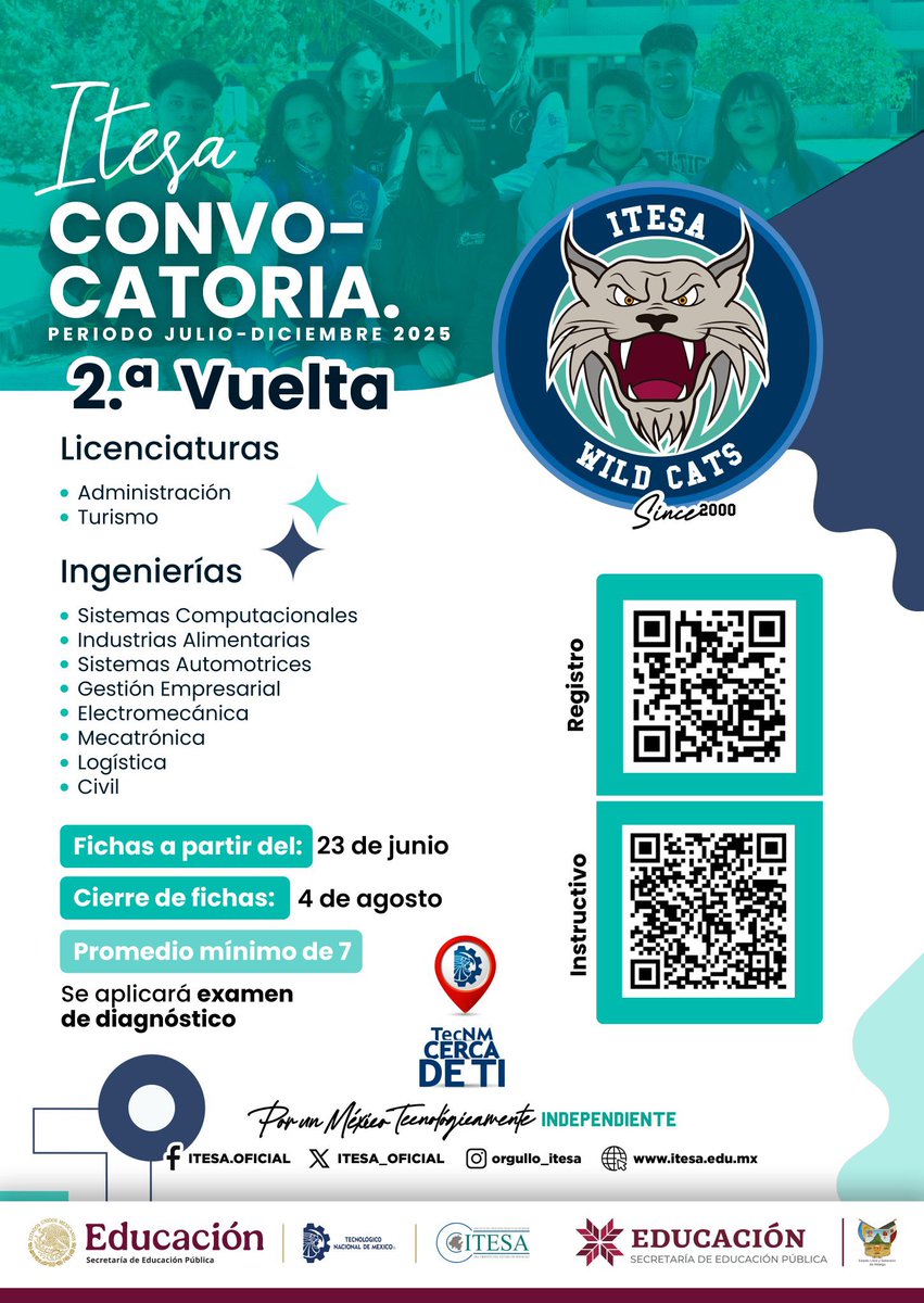 ¡Segunda entrega de fichas ITESA!
- 8 ingenierías | 2 licenciaturas
- Becas, Movilidad, Modelo Dual
- Promedio mínimo 7 | Examen diagnóstico
- Cierre: 4 de agosto | Ficha:  $615
- ¡Aquí inician tus sueños profesionales!
#OrgulloITESA