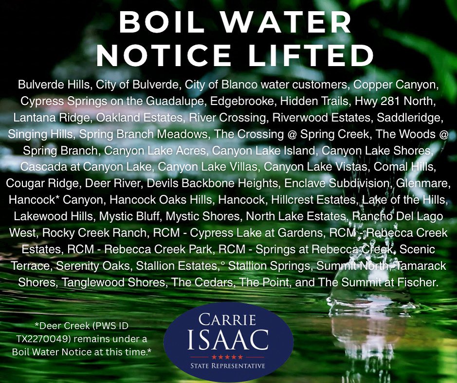 CarrieIsaac's tweet image. Update for Canyon Lake Shores & Nearby Areas:
The Boil Water Notice for Canyon Lake Shores (PWS TX0460019) and surrounding communities has officially been lifted.
Please note: Deer Creek (PWS ID TX2270049) is still under a Boil Water Notice until further notice.
#water #hd73…