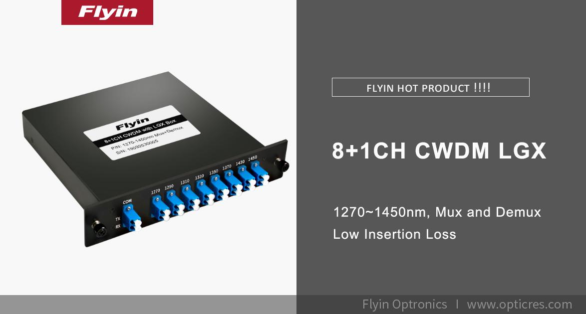 8+1CH CWDM Mux and Demux with LGX Box, 8+1 CWDM system specifically uses ​​eight standard ITU-T G.694.2 channels​​ (e.g., spaced 20nm apart in the 1271nm to 1611nm range) for primary data traffic. More infomation email tony@opticres.com