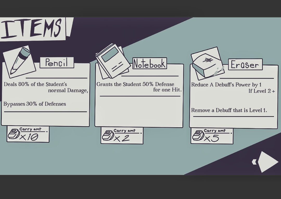 GBern69's tweet image. I forgot to actually post this here but I made an Items List. These stuff are just found by roaming around the school and can be equiped by students -
#FPE #RPG