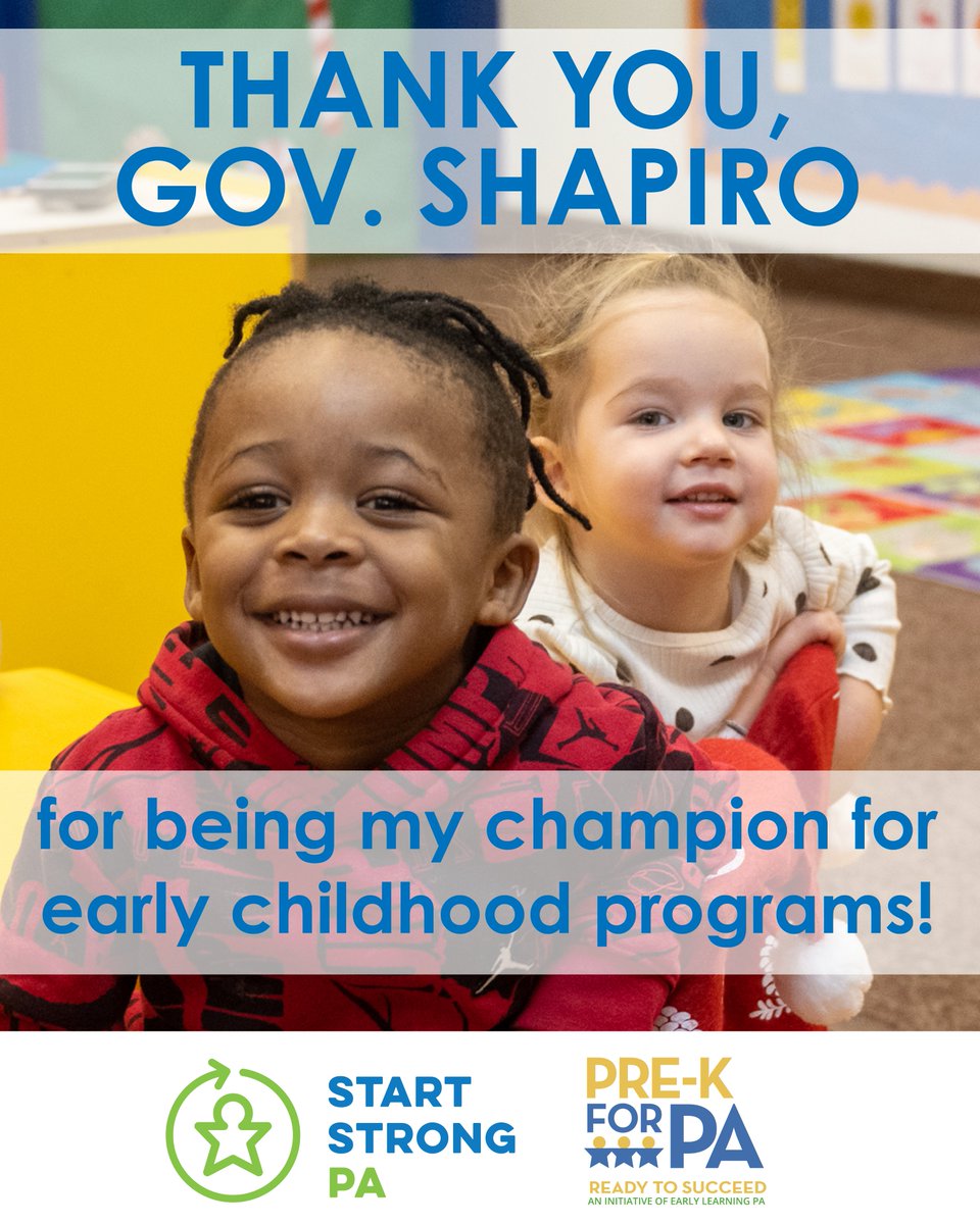 PreK4PA's tweet image. Thank you, @GovernorShapiro for continuing to prioritize Pennsylvania's early childhood programs for our children, their families, and our workforce! #iamprek #fixchildcare
@StartStrongPA
