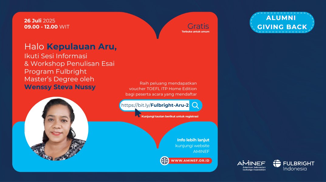 FulbrightID's tweet image. ✨️Dari Maluku ke Amerika!

Bagaimana Fulbright Master’s Degree bisa menjadi jembatan meraih mimpi?

Mari hadir di sesi #AlumniGivingBack oleh Wenssy Steva Nussy, Fulbrighter asal Maluku yang akan berbagi pengalamannya studi S2 di AS.