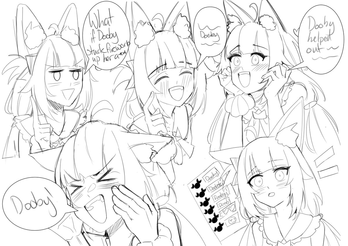kuriducks's tweet image. some saba doodles i did while catching up on streams but saba is always so happy when she talks about dooby 🥹(wip)