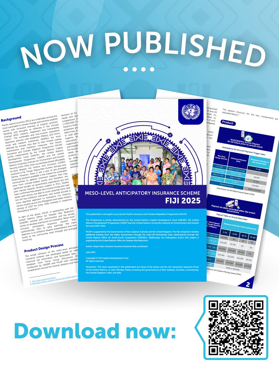 UNDP_Pacific's tweet image. 📑A new case study explores the #Pacific’s first meso-level #anticipatory insurance in #Fiji.
Piloted by UNDP, @UNCDF, @UNDRR & Sun Insurance, this product helps farming groups better prepare for climate shocks by providing payouts before cyclones hit: zurl.co/iO50f