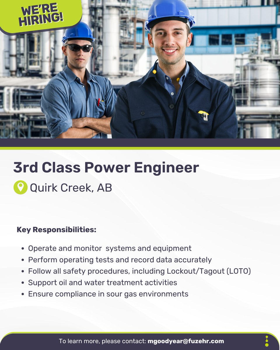 FuzeHR's tweet image. We are currently seeking a 3rd Class Power Engineer, Calgary-based energy company.

You may submit your application directly through the following link:
ow.ly/Z6GB50Wl79L

#PowerEngineer #AlbertaJobs #FuzeHR #EngineeringJobs #Hiring #Recruitment #Staffing #3rdClassPower