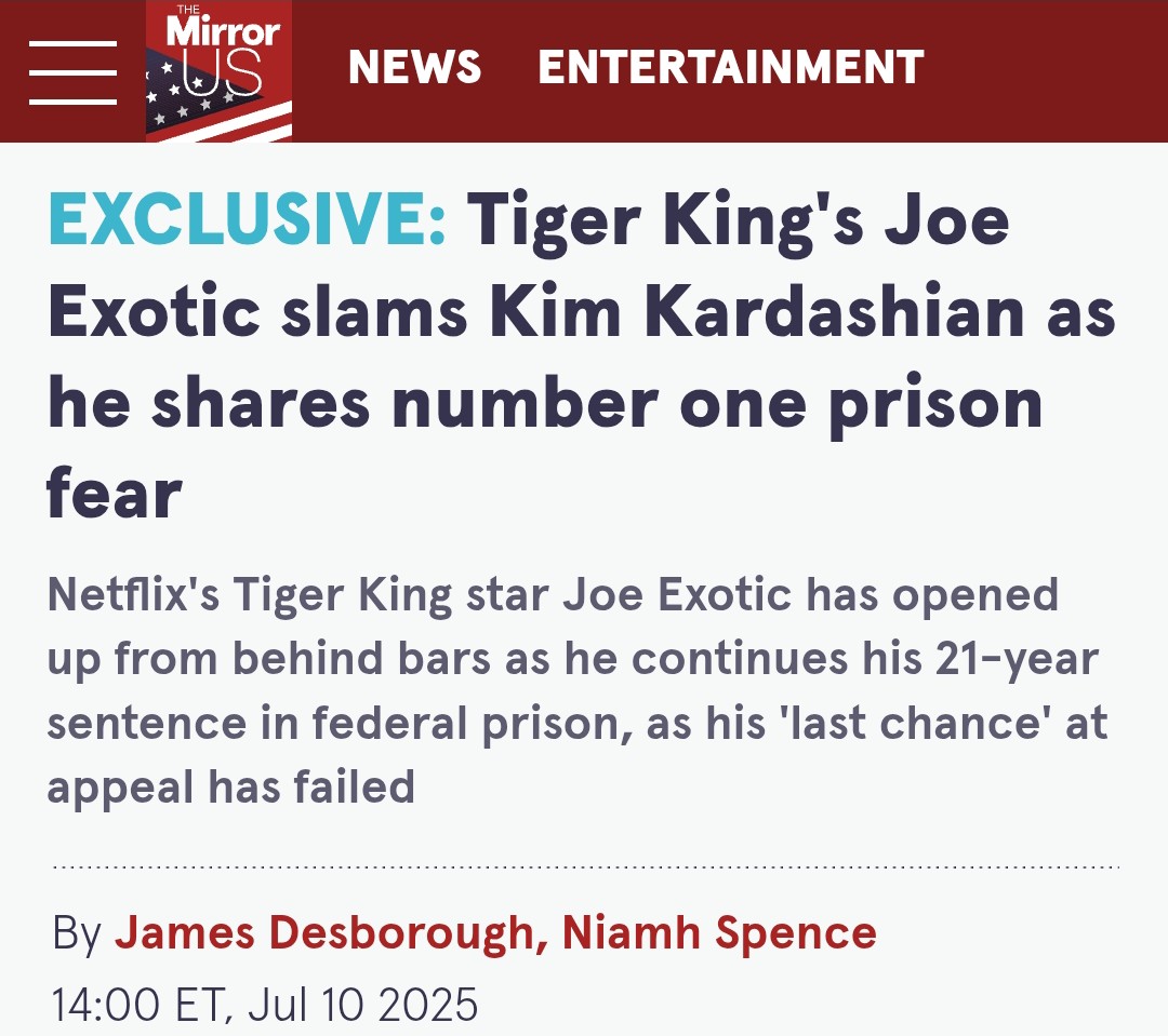 Joe Exotic (@joe_exotic) on Twitter photo Come on <a href="/KimKardashian/">Kim Kardashian</a> where they hell are you when an innocent white boy needs you to call <a href="/realDonaldTrump/">Donald J. Trump</a>
Make that call and let's get together and raise some serious money for prison reform.
<a href="/AliceMarieFree/">Alice Marie Johnson</a> <a href="/BraegsMedia/">Joshua Smith</a> <a href="/EagleEdMartin/">Eagle Ed Martin</a> all of you should be behind this Come on <a href="/KimKardashian/">Kim Kardashian</a> where they hell are you when an innocent white boy needs you to call <a href="/realDonaldTrump/">Donald J. Trump</a>
Make that call and let's get together and raise some serious money for prison reform.
<a href="/AliceMarieFree/">Alice Marie Johnson</a> <a href="/BraegsMedia/">Joshua Smith</a> <a href="/EagleEdMartin/">Eagle Ed Martin</a> all of you should be behind this