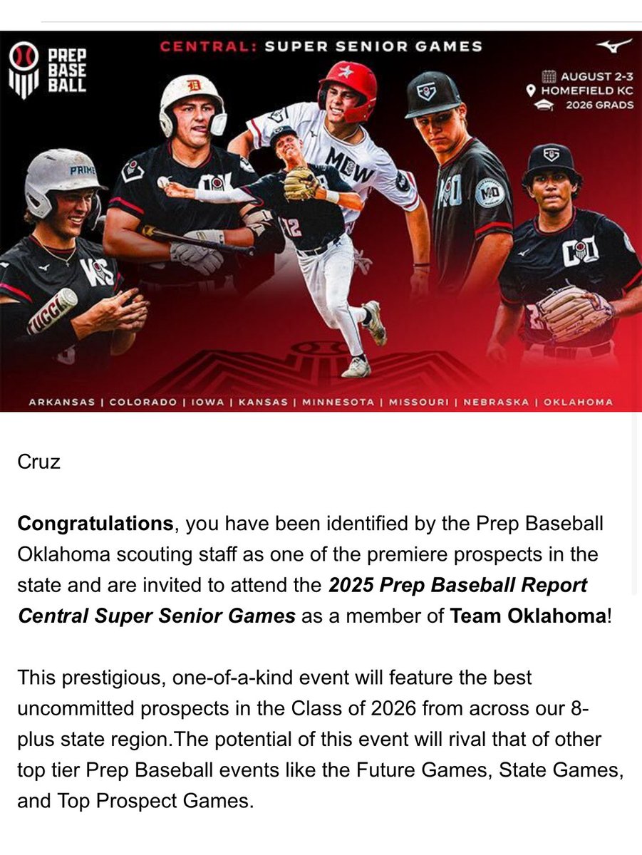 Cruz Gillespie (@cruzgillespie44) on Twitter photo Thank you <a href="/PBR_Schwartz/">Bret Schwartz</a> for the invite! Honored to be selected to represent Team Oklahoma in this one-of-a-kind event. <a href="/kansas_curve/">Kansas Curve</a> <a href="/OCAbaseball1/">OCA Baseball</a> <a href="/PB_Uncommitted/">Prep Baseball Uncommitted</a> Thank you <a href="/PBR_Schwartz/">Bret Schwartz</a> for the invite! Honored to be selected to represent Team Oklahoma in this one-of-a-kind event. <a href="/kansas_curve/">Kansas Curve</a> <a href="/OCAbaseball1/">OCA Baseball</a> <a href="/PB_Uncommitted/">Prep Baseball Uncommitted</a>