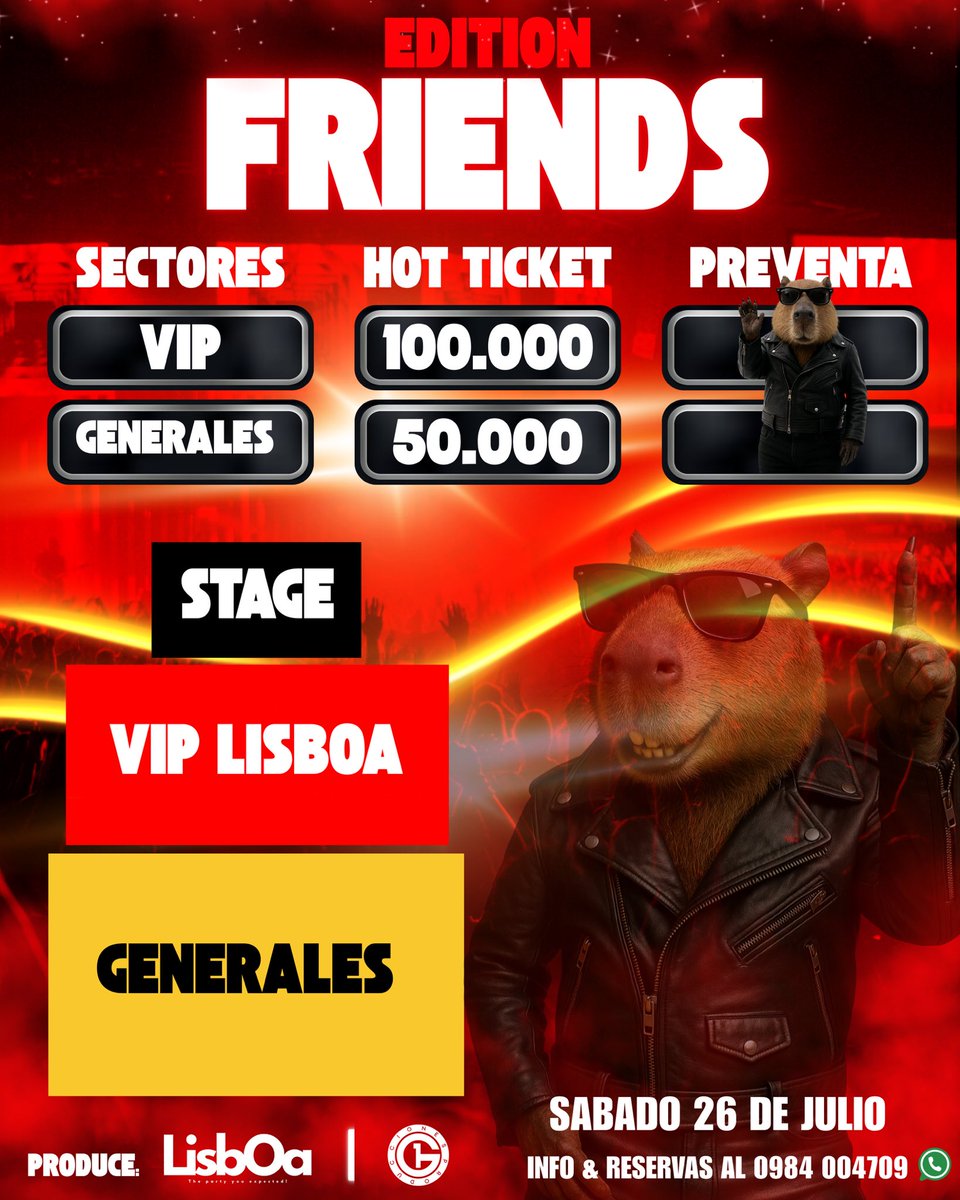 lisbopy's tweet image. 🚨🎉 ¡PREVENTA ACTIVADA, MI GENTE! 🎉🚨

🎟️ Ya podés conseguir tus HOT TICKET 🔥
⚠️ ¡Cupos súper limitados!
⏳ Después no digas “no me avisaron” 😎

📅 26/07/2025
📍 LISBOA 🦦
📲 0984 004709 Vía WhatsApp