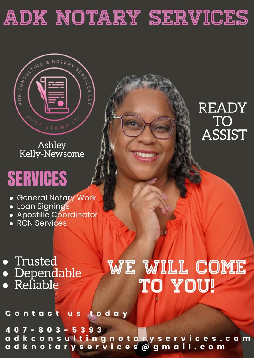 ADKNOTARYSVCS's tweet image. Hi ❤️,

I&apos;m The Consulting Notary. I&apos;m Mobile as well as conduct notarizatios remotely for your convenience. I am a Loan Signing Agent &amp;amp; Apostille Coordinator serving the Central Florida area in Seminole county. I also travel to Orlando &amp;amp; Volusia Counties for an additional fee.