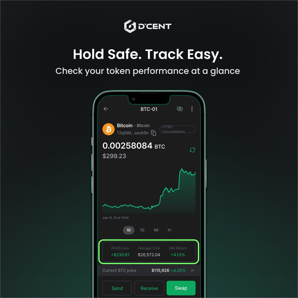 Bitcoin $BTC just hit a new #ATH — $116K.😎

At D’CENT, we don’t just keep your crypto safe,
We show you exactly how your portfolio’s doing:
✅ Total profit/loss
✅ 24h return
✅ Average cost

Hold smart. Track smart.
Ride safe to the next #BTCATH with D'CENT.
