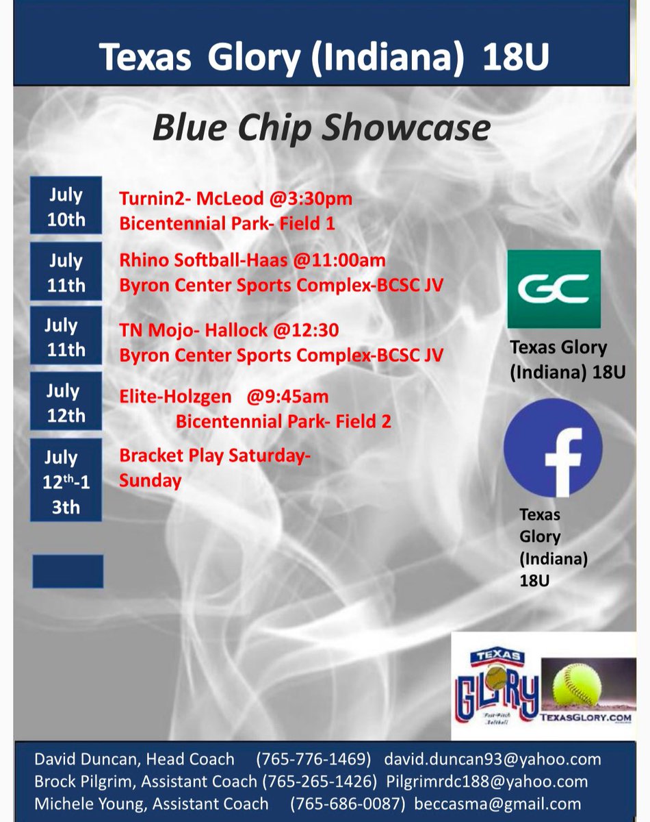 Ruth (Amma) Fitzhugh (@rfitzhugh2026) on Twitter photo Having a great time at the Bluechip Showcase in Michigan! Here is my schedule for the week.
<a href="/18uGlory/">Texas Glory 18U (Indiana)</a>
<a href="/timadmiral25/">Tim Averill</a>
<a href="/miranda_mokma/">Miranda Mokma</a>
<a href="/mandylion10/">Amanda Jones</a>
<a href="/cassie_18hayes/">cassie hayes</a>
<a href="/NatNewell18/">Natalie Newell</a>
<a href="/Coach_Huff_OCU/">coachHuff</a>
<a href="/joycewellhoefer/">Joyce Wellhoefer</a>
<a href="/Huntington_SB/">Huntington Softball</a>
<a href="/BUPilotsSB/">Bethel Pilots Softball</a>
<a href="/GC__Softball/">Grace College Softball</a> Having a great time at the Bluechip Showcase in Michigan! Here is my schedule for the week.
<a href="/18uGlory/">Texas Glory 18U (Indiana)</a>
<a href="/timadmiral25/">Tim Averill</a>
<a href="/miranda_mokma/">Miranda Mokma</a>
<a href="/mandylion10/">Amanda Jones</a>
<a href="/cassie_18hayes/">cassie hayes</a>
<a href="/NatNewell18/">Natalie Newell</a>
<a href="/Coach_Huff_OCU/">coachHuff</a>
<a href="/joycewellhoefer/">Joyce Wellhoefer</a>
<a href="/Huntington_SB/">Huntington Softball</a>
<a href="/BUPilotsSB/">Bethel Pilots Softball</a>
<a href="/GC__Softball/">Grace College Softball</a>
