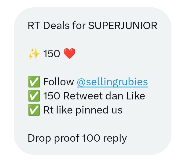 RT Deals for #SUPERJUNIOR

✨ 150 ❤️ ALLCHART

✅ Follow <a href="/sellingrubies/">Sellingruby</a>
 ✅ 150 Retweet dan Like
✅ Rt like pinned us

Drop proof 100 reply