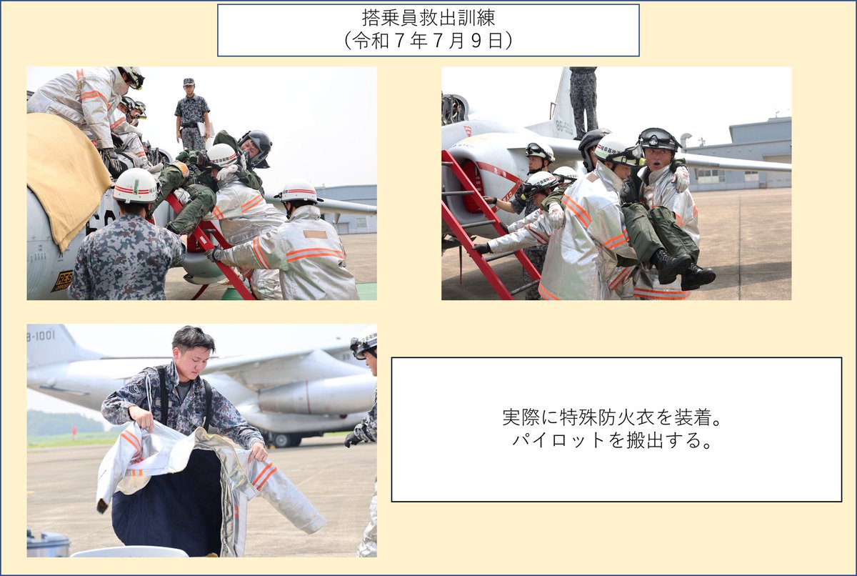 JASDF_GIFUAB's tweet image. 岐阜基地は令和7年7月9日(水)に気温が30度を超える暑い中、搭乗員救出訓練を行いました。
救出要領を確認後、コックピットから自力で脱出できないパイロットの救出及び搬出を行い、更なる習熟に努めました。
#航空自衛隊
#岐阜基地
