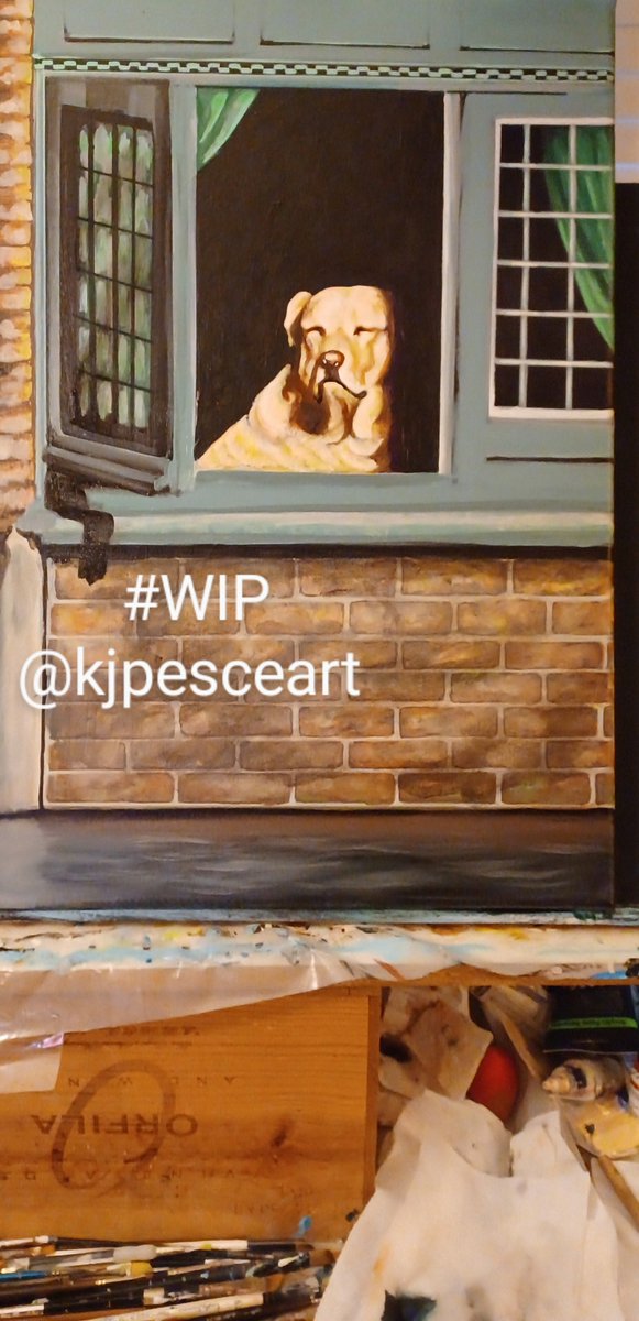 Any fans of the dark comedy, "In Bruges?" I've been wanting to paint this English Lab for years, &amp; figure September's charity auction for my local animal shelter would be a perfect fit. 

#dogsoftwitter #inbruges #paint
