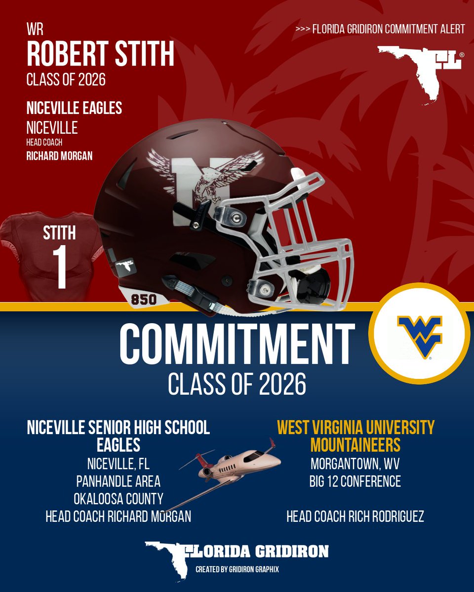 Florida Gridiron Preps (@flgridironpreps) on Twitter photo COMMITMENT
2026 Niceville HS ATH Robert Stith <a href="/RobertStith2026/">Robert_Stith</a> committed to the West Virginia Mountaineers <a href="/WVUfootball/">West Virginia Football</a>
Player Profile 📽️: floridagridironpreps.com/player/4327/Ro…
#FLgridiron #Mountaineers #WVU
<a href="/Niceville_FB/">Niceville Football</a> 850 ✈️ 304 Morgantown, VA <a href="/RealCoachRod/">Rich Rodriguez</a> <a href="/CoachRGarrett/">Ryan Garrett</a> COMMITMENT
2026 Niceville HS ATH Robert Stith <a href="/RobertStith2026/">Robert_Stith</a> committed to the West Virginia Mountaineers <a href="/WVUfootball/">West Virginia Football</a>
Player Profile 📽️: floridagridironpreps.com/player/4327/Ro…
#FLgridiron #Mountaineers #WVU
<a href="/Niceville_FB/">Niceville Football</a> 850 ✈️ 304 Morgantown, VA <a href="/RealCoachRod/">Rich Rodriguez</a> <a href="/CoachRGarrett/">Ryan Garrett</a>