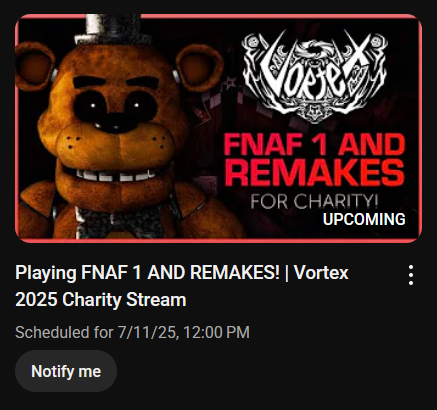 Gonna be streaming FNAF 1 and some remakes tomorrow to kick off the event, come stop by!

youtube.com/live/i3ju2qJ3e…