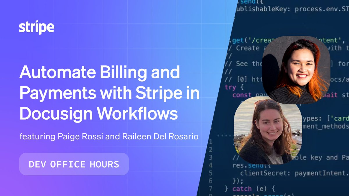 DocusignDevs's tweet image. Miss our session on how Stripe + Docusign can power smarter payment and agreement workflows? ⚡
No worries! You can watch for a hands-on session exploring how Docusign and Stripe work together to build seamless, intelligent agreement experiences. youtube.com/watch?v=v7E4OE…