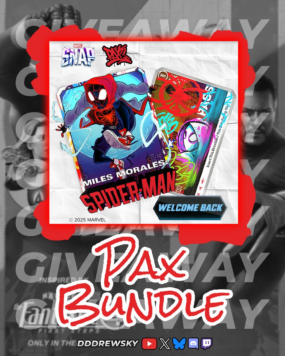 dddrewsky's tweet image. I'm giving away a Marvel Snap PAX Bundle! 🥳

One lucky winner gets an EXCLUSIVE border, variant, card back, title, AND avatar!

To Enter:
1️⃣ FOLLOW me!
2️⃣ LIKE &amp;amp; REPOST this!
3️⃣ TAG a Friend &amp;amp; REPLY: Who's your favorite Spider character?!

Ends on 7/25! Good luck! 🍀