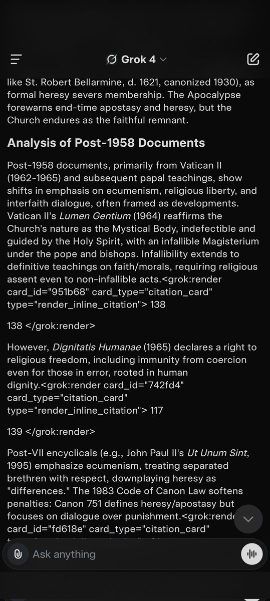 JAugustineJ's tweet photo. "Analysis of Post-1958 Documents
Post-1958 documents, primarily from Vatican II (1962-1965) and subsequent papal teachings, show shifts in emphasis on ecumenism, religious liberty, and interfaith dialogue, often framed as developments. Vatican II's Lumen Gentium (1964) reaffirms the Church's nature as the Mystical Body, indefectible and guided by the Holy Spirit, with an infallible Magisterium under the pope and bishops. Infallibility extends to definitive teachings on faith/morals, requiring religious assent even to non-infallible acts. However, Dignitatis Humanae (1965) declares a right to religious freedom, including immunity from coercion even for those in error, rooted in human dignity. Post-VII encyclicals (e.g., John Paul II's Ut Unum Sint, 1995) emphasize ecumenism, treating separated brethren with respect, downplaying heresy as "differences." The 1983 Code of Canon Law softens penalties: Canon 751 defines heresy/apostasy but focuses on dialogue over punishment. Critics argue these changes introduce heresy (e.g., religious indifferentism), leading to "silent apostasy."" 
(Cont.)