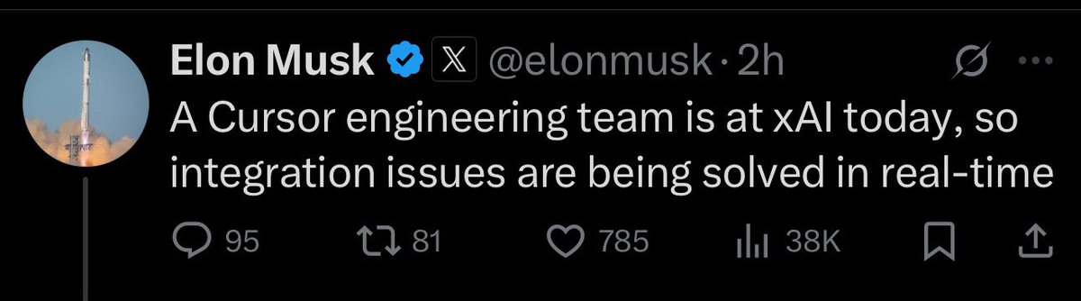 🚨Breaking Cursor News: 

<a href="/elonmusk/">Elon Musk</a> “A Cursor engineer team is at xAI today, so integration issues are being solved in real-time”

-the cursor team’s dedication is unmatched- 
Cursor for life 🙌