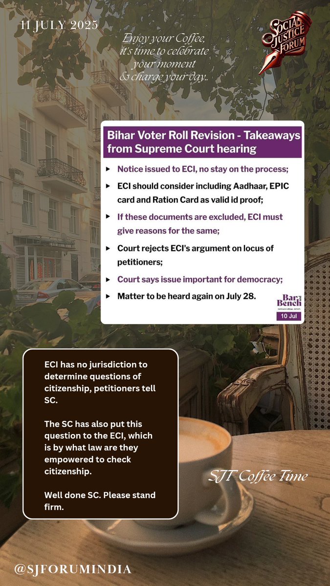 ECI has no jurisdiction to determine questions of citizenship, petitioners tell SC.

The SC has also put this question to the ECI, which is by what law are they empowered to check citizenship.

Well done SC. Please stand firm.

#SJFcoffeetime