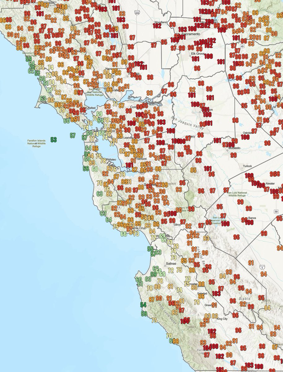 Take a look at today's observed high temperatures  across the region. 

Most interior areas saw highs ranging from the mid 80s to upper 90s with a few spots reaching the low 100s.

Another day of hot weather in the 80s to 90s is on top for tomorrow. #CAwx