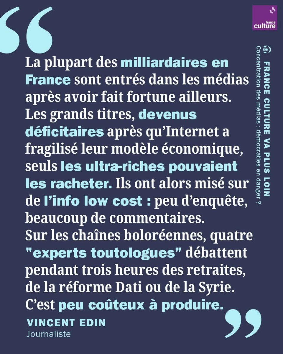 Sur <a href="/franceculture/">France Culture</a> : 
Ils ne gagnent pas d’argent avec les médias.
Mais ils les achètent.
Pourquoi ? Parce qu’informer, ce n’est pas seulement raconter le monde : c’est aussi le cadrer, l’orienter et tenter de le dominer.
➡️ l.franceculture.fr/Lw6
