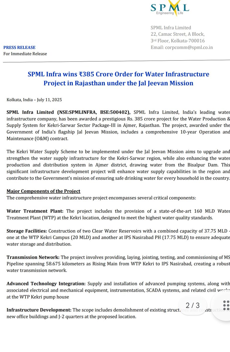 tejas485585's tweet image. #SPML Infra Limited secured a ₹385 crore order for the Water Production &amp;amp; Supply system for Kekri Sarwar Sector Package III in Ajmer, Rajasthan, under the Jal Jeevan Mission, encompassing a comprehensive 10-year Operation.✌️✌️
#StockMarketIndia
