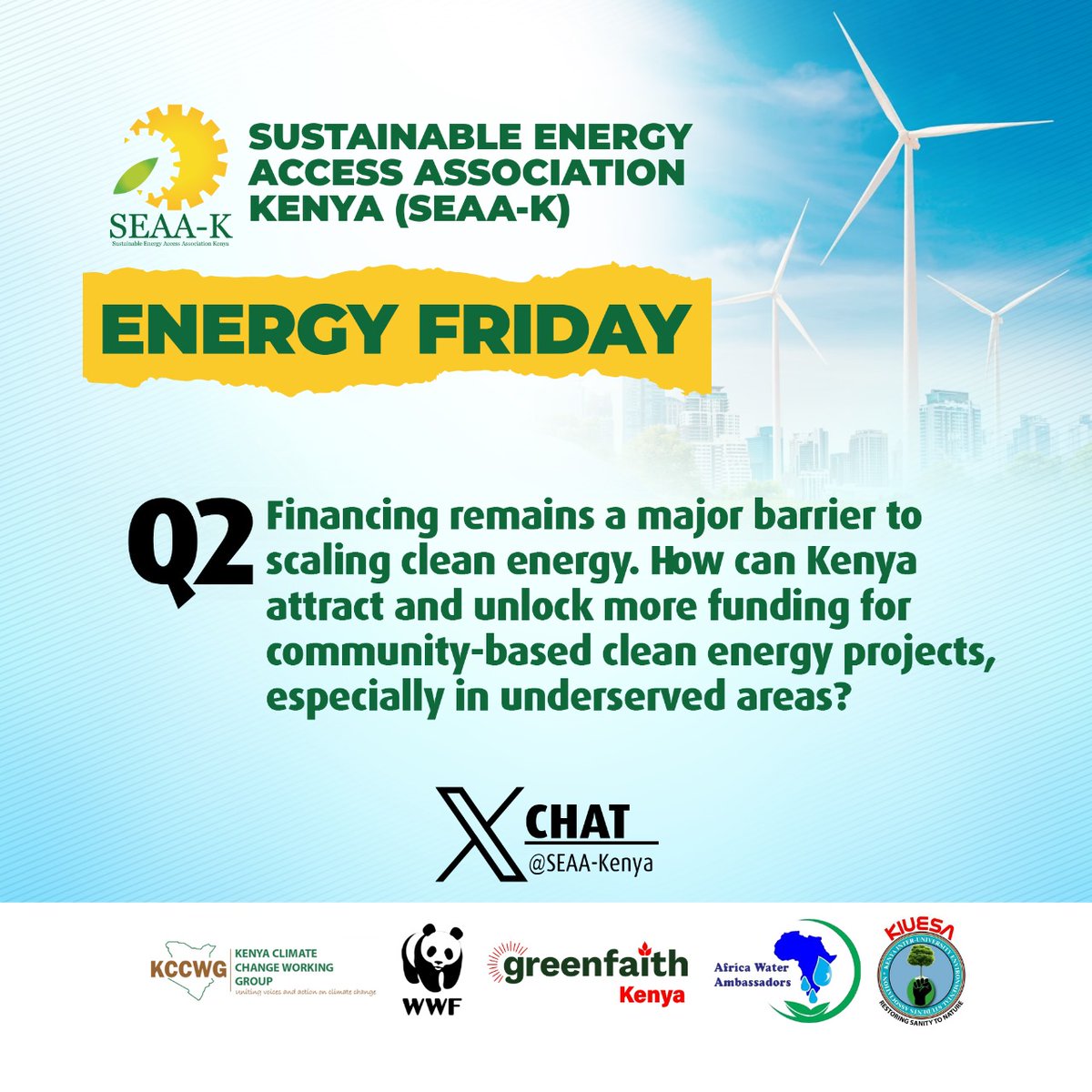 Sustainable Energy Access Association of Kenya (@seaakenya) on Twitter photo Financing remains a major barrier to scaling clean energy. How can Kenya attract and unlock more funding for community-based clean energy projects, especially in underserved areas?#EnergyTransition #ClimateAction
#energypolicy
<a href="/KCCWG/">The Kenya Climate Change Working Group</a> <a href="/WWF_Kenya/">WWF-Kenya</a> <a href="/Africa_WaterAmb/">Africa Water Ambassadors</a> <a href="/GreenFaith_Afr/">GreenFaith Africa</a> Financing remains a major barrier to scaling clean energy. How can Kenya attract and unlock more funding for community-based clean energy projects, especially in underserved areas?#EnergyTransition #ClimateAction
#energypolicy
<a href="/KCCWG/">The Kenya Climate Change Working Group</a> <a href="/WWF_Kenya/">WWF-Kenya</a> <a href="/Africa_WaterAmb/">Africa Water Ambassadors</a> <a href="/GreenFaith_Afr/">GreenFaith Africa</a>