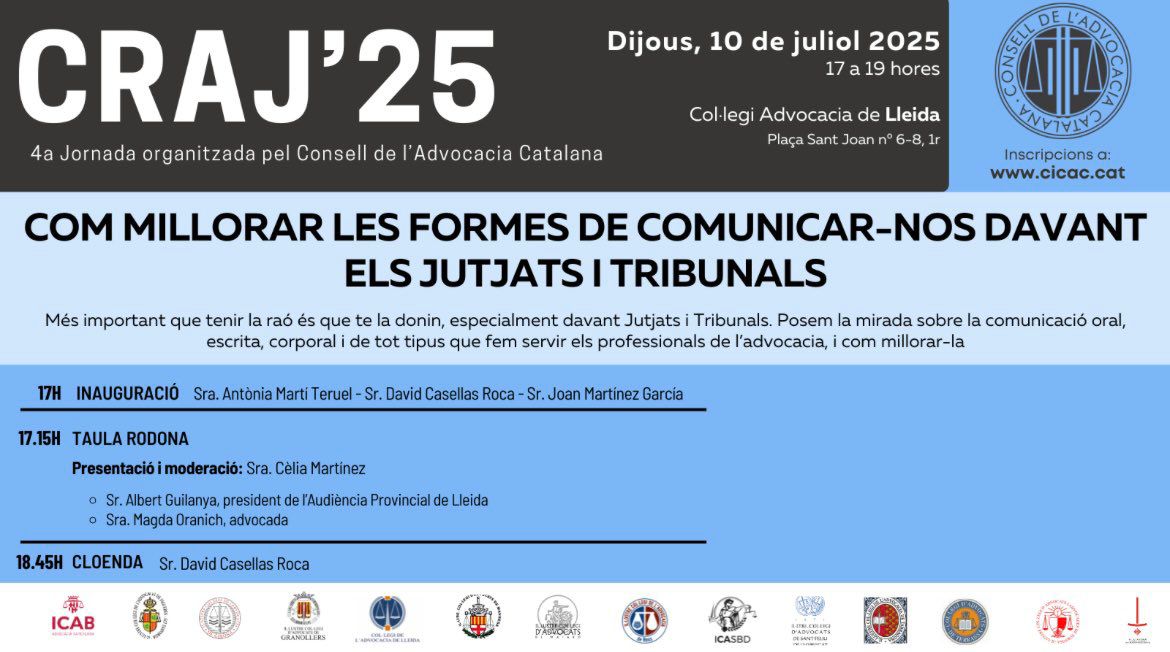 Advocacia Sabadell (@icasbd) on Twitter photo Ahir va tenir lloc a <a href="/AdvocaciaLleida/">Advocacia de Lleida</a> la 4a Jornada CRAJ’25, sobre Com millorar les formes de comunicar-nos davant els Jutjats i Tribunals, a la qual van assistir en representació de l'<a href="/icasbd/">Advocacia Sabadell</a> els companys <a href="/JOSEPFARNES/">JOSEP FARNES COSTAJU</a>, <a href="/JaumeArboledas/">Jaume Arboledas</a> i Francesc Fernández. Ahir va tenir lloc a <a href="/AdvocaciaLleida/">Advocacia de Lleida</a> la 4a Jornada CRAJ’25, sobre Com millorar les formes de comunicar-nos davant els Jutjats i Tribunals, a la qual van assistir en representació de l'<a href="/icasbd/">Advocacia Sabadell</a> els companys <a href="/JOSEPFARNES/">JOSEP FARNES COSTAJU</a>, <a href="/JaumeArboledas/">Jaume Arboledas</a> i Francesc Fernández.