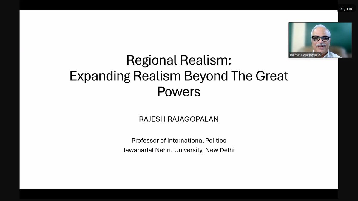 CarnegieIndia's tweet image. At the latest #SecurityStudiesSeminar, @RRajagopalanJNU presented his new paper Regional Realism: Expanding Realist Theory Beyond the Great Powers, challenging the great power bias in realist theory and spotlighting regional dynamics in global politics.