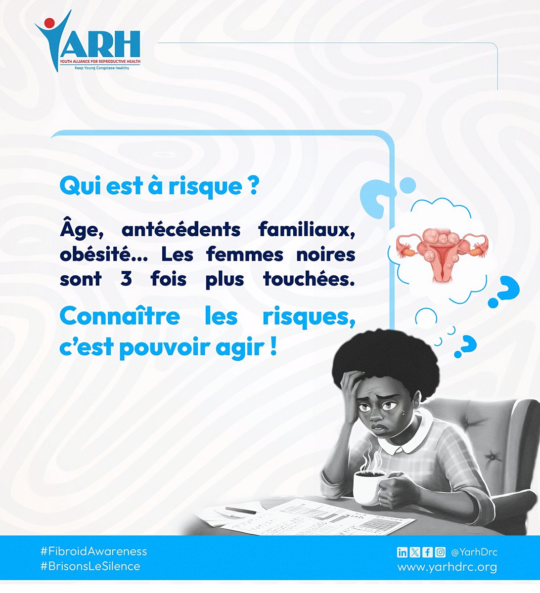 🔖 Certaines femmes ont plus de risque d’avoir des fibromes:

☑️ Âge avancé (30-40ans)
☑️ Antécédents familiaux
☑️ Surpoids ou obésité
☑️ Origine africaine
☑️ Jamais été enceinte

📍 Connaître les risques, c’est agir à temps!

#FibroidAwareness
#BrisonsLeSilence