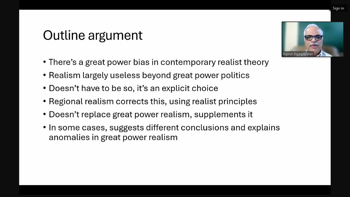 CarnegieIndia's tweet image. At the latest #SecurityStudiesSeminar, @RRajagopalanJNU presented his new paper Regional Realism: Expanding Realist Theory Beyond the Great Powers, challenging the great power bias in realist theory and spotlighting regional dynamics in global politics.