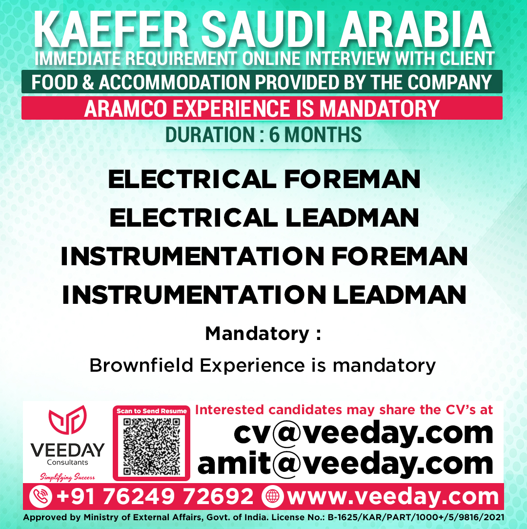 KAEFER SAUDI ARABIA

ELECTRICAL FOREMAN
ELECTRICAL LEADMAN
INSTRUMENTATION FOREMAN
INSTRUMENTATION LEADMAN

#KaeferSaudi #ElectricalForeman #InstrumentationJobs 
#BrownfieldExperience #AramcoJobs #OilAndGasJobs 
#SaudiJobs #ShortTermJobs #MiddleEastHiring #ImmediateHiring