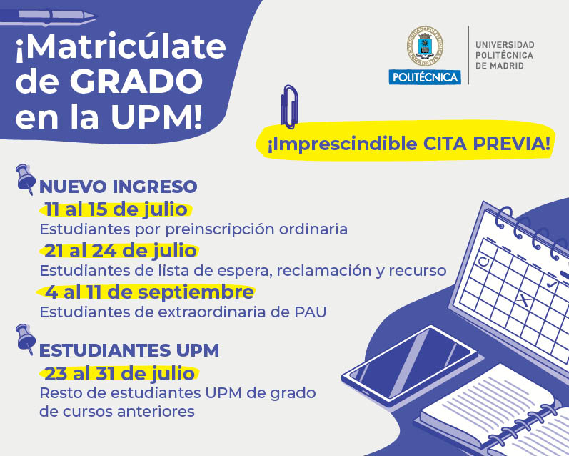 Universidad Politécnica de Madrid (@la_upm) on Twitter photo 📣¡Comienza la matrícula!
🎓Ya tienes tu plaza en la #UPM: admision.upm.es/grado. Y estás a un paso de dar un impulso a tu futuro, ¡no lo dudes!
Pide cita previa y haz tu matrícula: short.upm.es/bnvt0
🚀¡Tu futuro empieza hoy!
#somosUPM #estudiantesUPM #matrículaUPM 📣¡Comienza la matrícula!
🎓Ya tienes tu plaza en la #UPM: admision.upm.es/grado. Y estás a un paso de dar un impulso a tu futuro, ¡no lo dudes!
Pide cita previa y haz tu matrícula: short.upm.es/bnvt0
🚀¡Tu futuro empieza hoy!
#somosUPM #estudiantesUPM #matrículaUPM