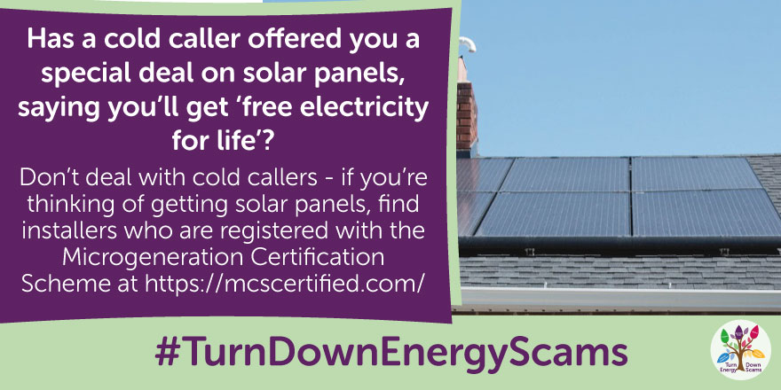 Doorstep scammers are offering special deals on solar panels, saying you'll get 'free electricity for life'

Rather than dealing with cold callers, find installers who are registered with the Microgeneration Certification Scheme: mcscertified.com

➡️mailchi.mp/3b66e5818663/t…