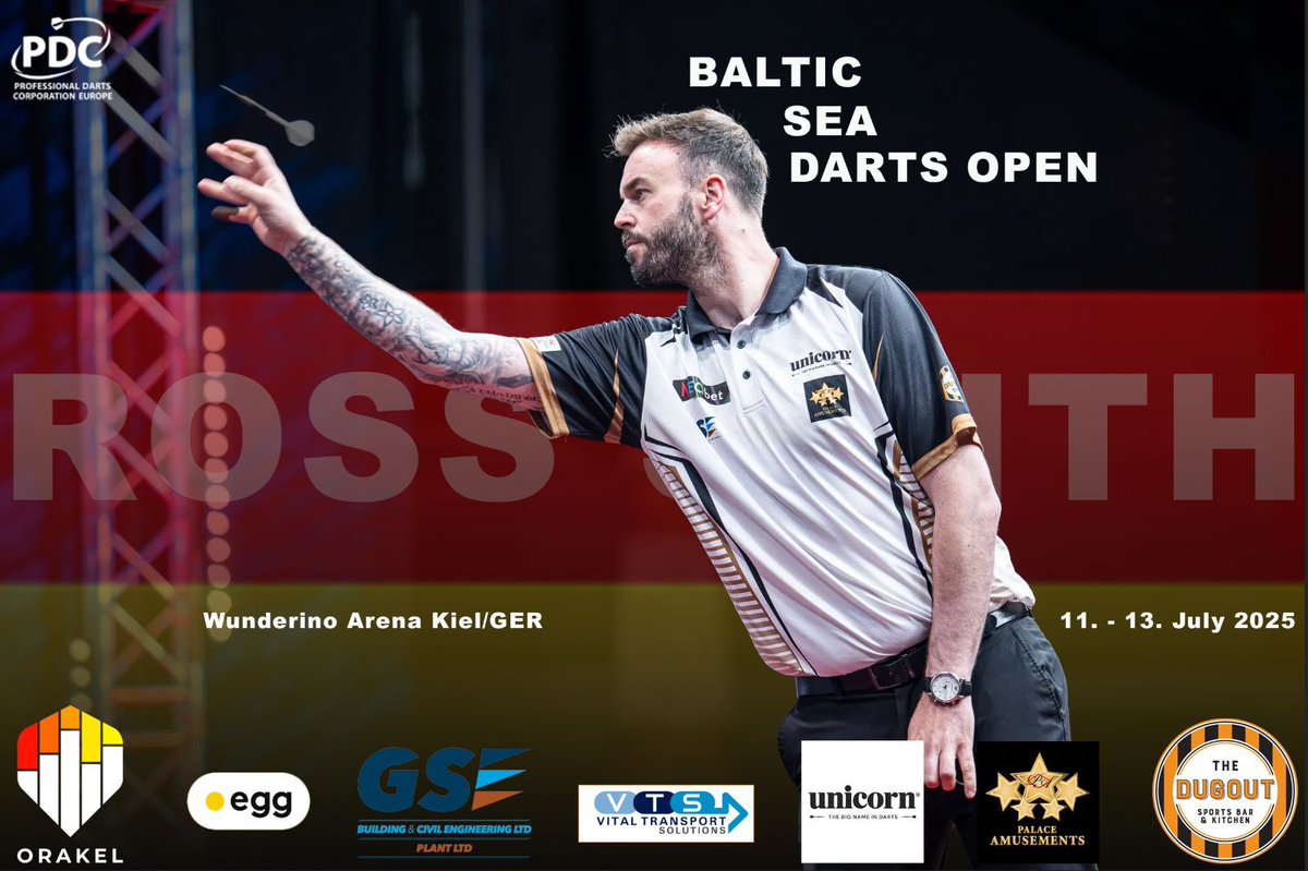 RossSmith180's tweet image. 🎯 The Euro Tour rolls on to Kiel for the Baltic Sea Darts Open 🇩🇪
I’m seeded 12 and play my first game tomorrow afternoon. I played solid in the week and my game is in good order 💪
@UnicornDarts 🎯
@GSE_Group ⚙️
@thedugoutCT19 🍺
Palace Amusements 🎰
@egg_dot_com ☀️
VTS 🚐