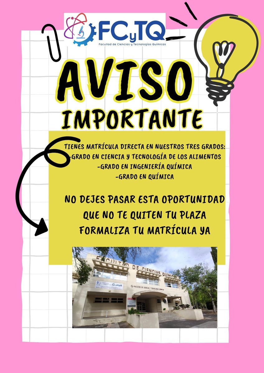 👩🎓Formaliza tu matrícula en cualquiera de los tres grados de nuestra Facultad:
-Grado en Ciencia y Tecnología de los Alimentos
-Grado en Ingeniería Química
-Grado en Química
Que no te quiten tu plaza.