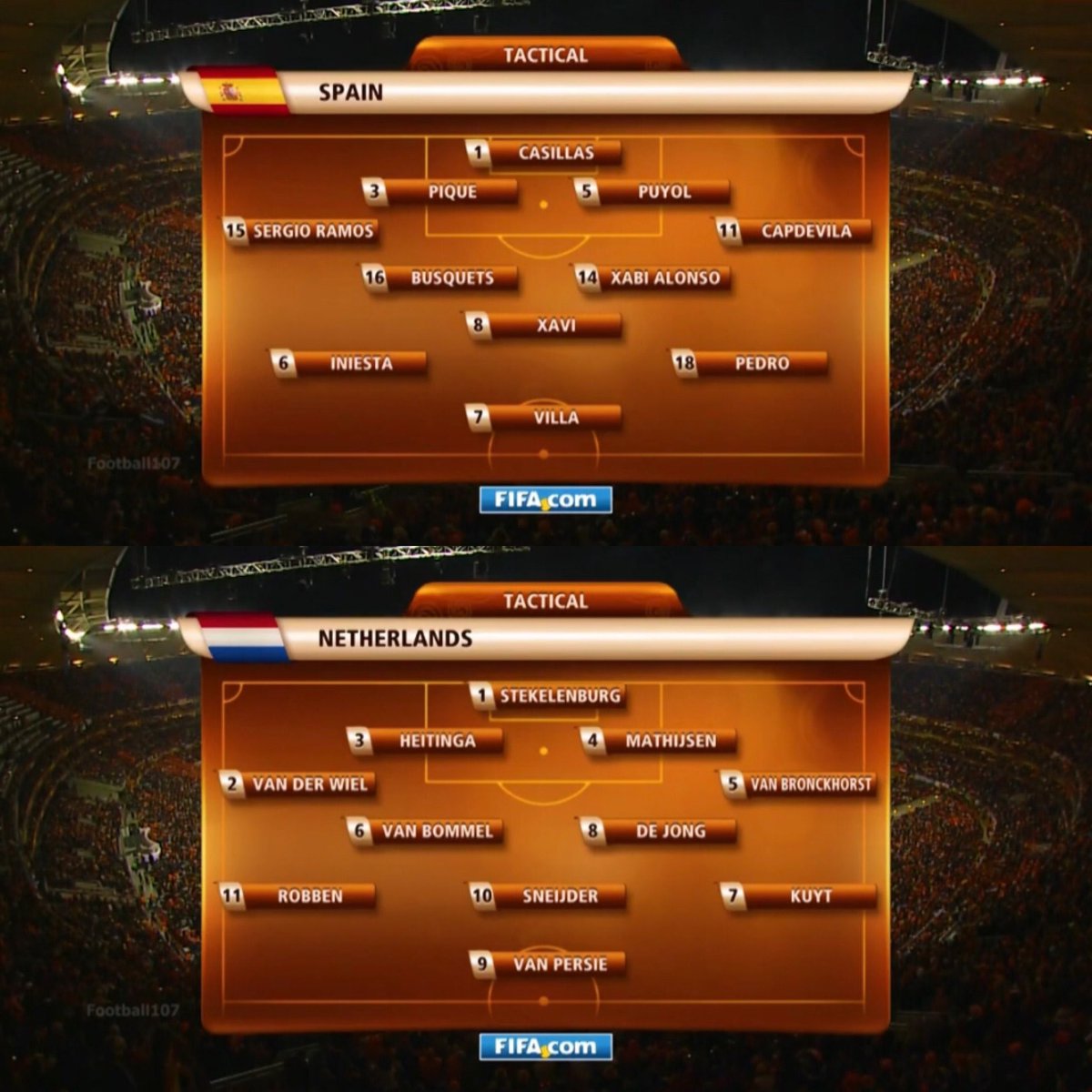 11/07/10 - 2010 World Cup Final 

Spain 1-0 Netherlands

A. Iniesta 116'