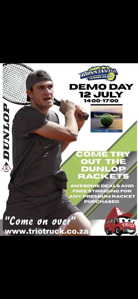 We will be hosting a DUNLOP DEMO DAY at Constantia Tennis Club tomorrow 2pm-5pm 😀 where you can try out all of the latest *DUNLOP RACKETS* on the Tour with *SPECIALS &amp; SPOT PRIZES*

"Come on Over" and upgrade your tennis racket to the newest DUNLOP RANGE on the Tour 🥎🎾