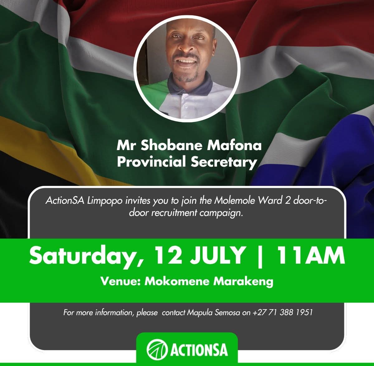 Join the Molemole Constituency activists led by <a href="/Action4SA/">ActionSA</a> Limpopo Provincial Secretary Mr Shobane Mafona as they conduct a Ward 2 door-to-door recruitment campaign

#FixLocalGovt #ServicesForAll #LetsFixSouthAfrica