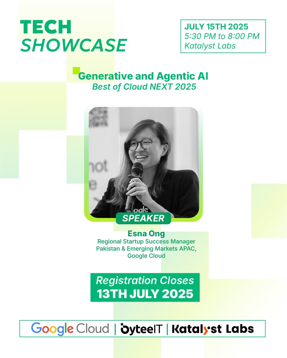 What’s next in AI?

Join Google Cloud’s Esna Ong as she shares key takeaways from Cloud NEXT 2025, focusing on Generative and Agentic AI in this Tech Showcase at Katalyst Labs.

Registration closes 13th July 2025

forms.gle/q64eG9M1jFkgL6…