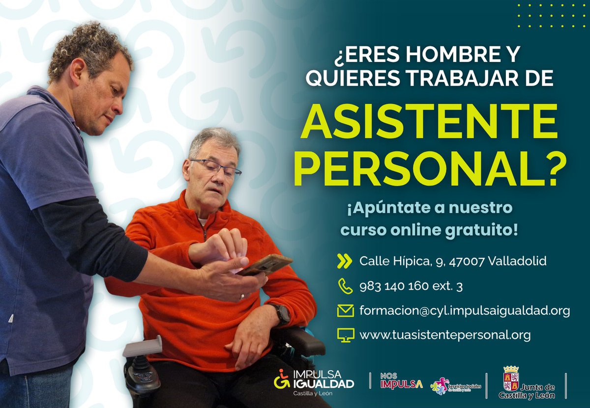 IMPULSA_CyL's tweet image. 📢 Si eres hombre y quieres trabajar como asistente personal, esta formación te interesa,📝¡apúntate a nuestro #curso online gratuito de #asistenciapersonal:

📍C/ Hípica, 9 #Valladolid
📞983 140 160 ext. 3
📧formacion@cyl.impulsaigualdad.org
➕Info.➡️ bit.ly/4eGyq5M