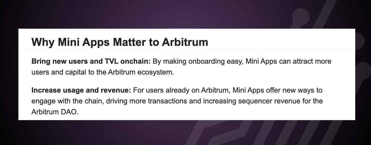 Samuel 🦤 (🧱,🔥) (@samuellhuber) on Twitter photo I didn’t have Arbitrum on my radar until it was added to the Farcaster wallet and Farcaster miniapps.
Interestingly, both Farcaster and Arbitrum have evolved since then.
I also believe, after reading <a href="/tekr0x/">Tekr0x.eth</a>’s write-up on miniapps + Arbitrum, there is a massive opportunity I didn’t have Arbitrum on my radar until it was added to the Farcaster wallet and Farcaster miniapps.
Interestingly, both Farcaster and Arbitrum have evolved since then.
I also believe, after reading <a href="/tekr0x/">Tekr0x.eth</a>’s write-up on miniapps + Arbitrum, there is a massive opportunity