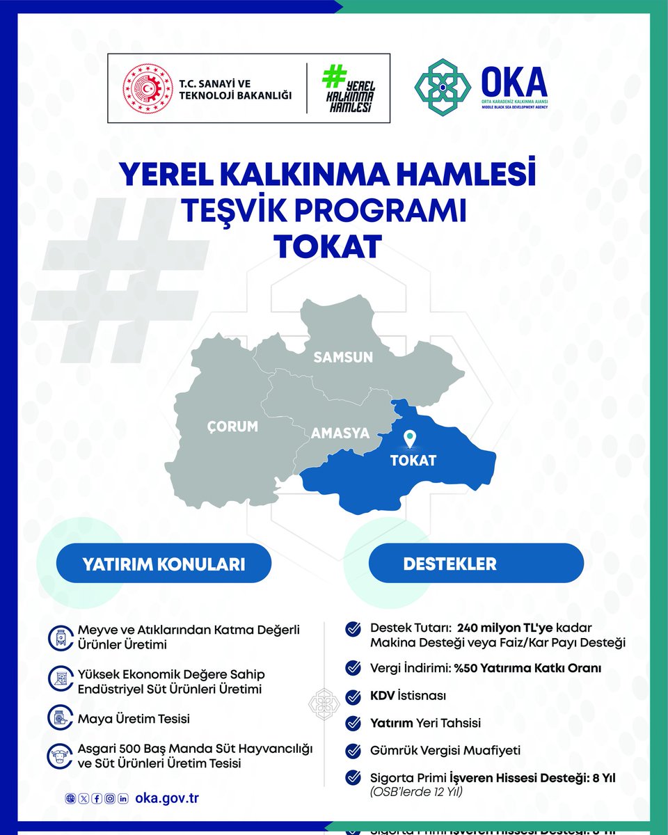 📍 Tokat 

#YerelKalkınmaHamlesi ile #Tokat’ta tarım ve sanayide yeni bir atılım başlıyor. 

🌟Desteklenecek sektörler: 

🧃Meyve ve Atıklarından Katma Değerli Ürünler
🧀 Endüstriyel Süt Ürünleri
🧫 Maya Üretimi
🐃 Manda Süt Hayvancılığı ve Süt Ürünleri Tesisi