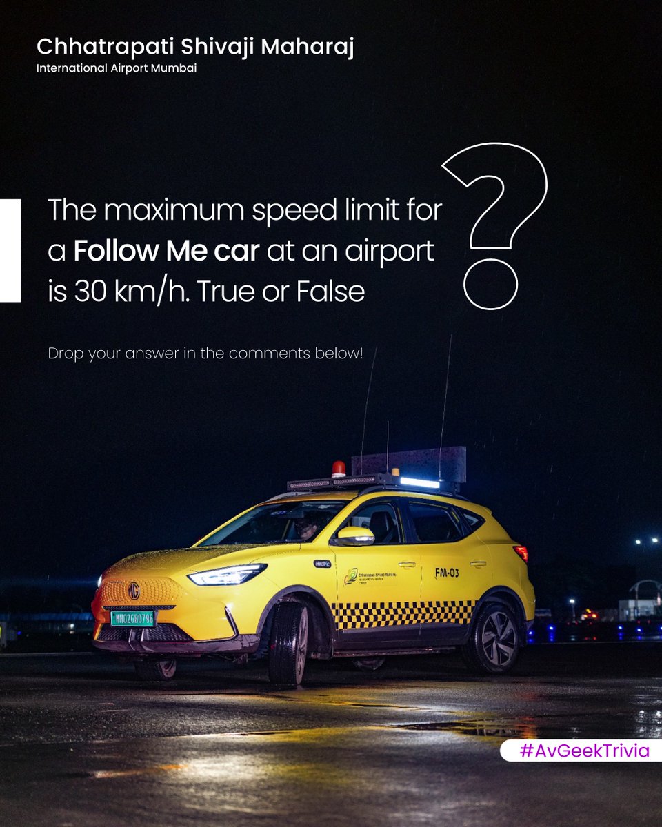 CSMIA_Official's tweet image. Follow Me cars guide aircraft on the ground, but did you know they operate under strict speed limits?
Drop your answer in the comments and tell us what you think!
#MumbaiAirport #CSMIA #AvGeekTrivia #MagicOfTravel #Airport #Aviation