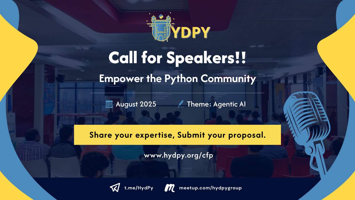 hydPython's tweet image. 🤖 Ready to shape the future of AI? The CFP for #HydPy August Meetup is NOW OPEN with the theme Agentic AI! Got a talk or workshop idea that empowers intelligent agents? We want to hear from you!
👉 Submit here: hydpy.org/cfp
#CFP #AgenticAI #Python #TechCommunity