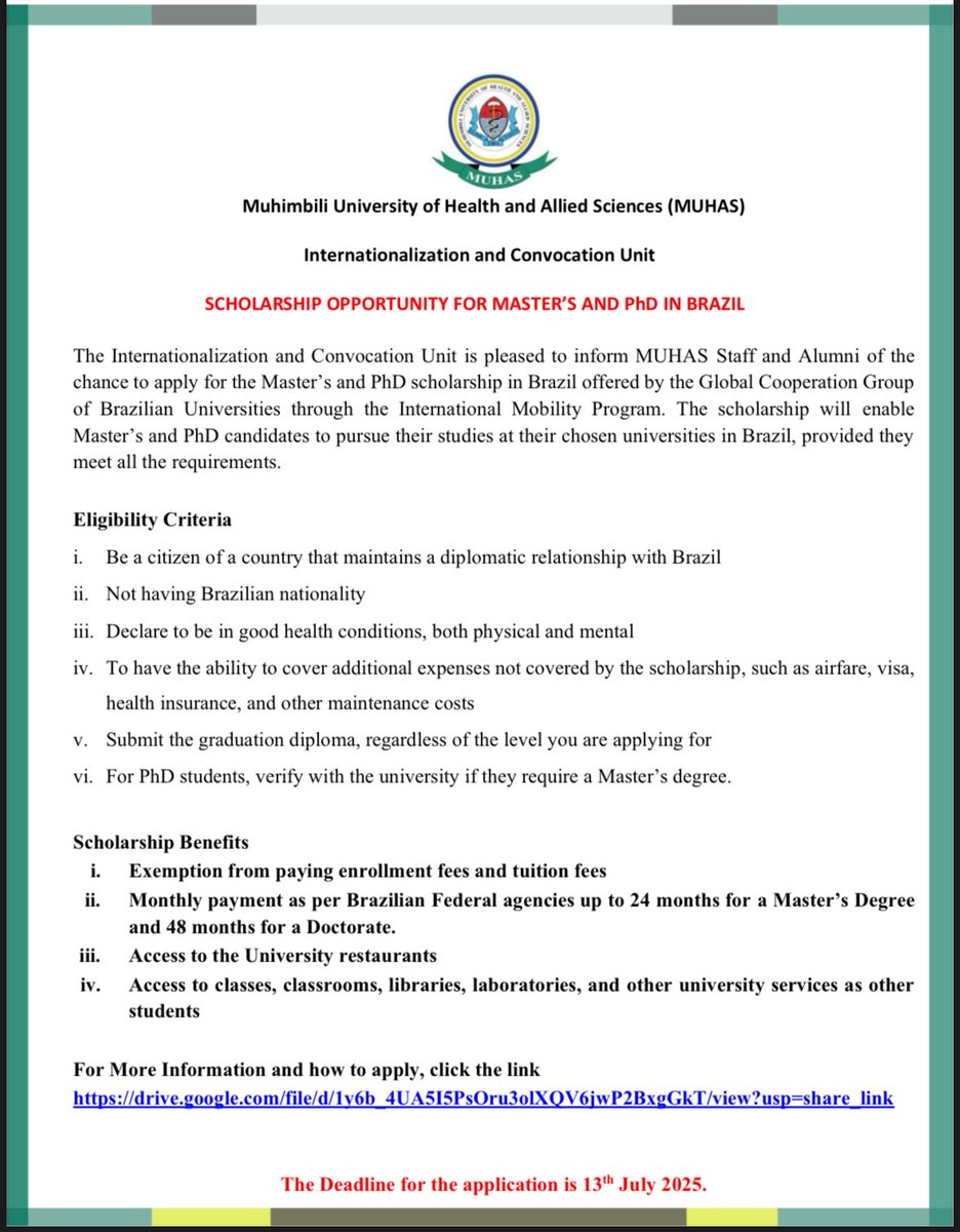MUHAS_Alumni's tweet image. 📢 Scholarship Opportunity in Brazil!
MUHAS staff and alumni are invited to apply for fully funded Master’s & PhD scholarships through the International Mobility Program by the Global Cooperation Group of Brazilian Universities.
🎓 Tuition-free | 💰 Monthly Stipend | 📚 Full…