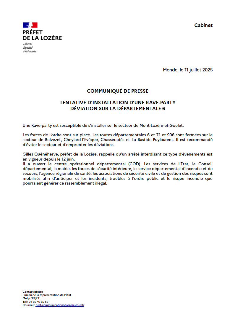 Prefet_48's tweet image. #information I Une rave-party est susceptible de s’installer sur le secteur de Mont-Lozère-et-Goulet.
⚠ Les forces de l’ordre sont sur place. Les routes départementales 6 et 71 et 906 sont fermées sur le secteur de Belvezet, Cheylard-l’Evêque, Chasseradès et La…